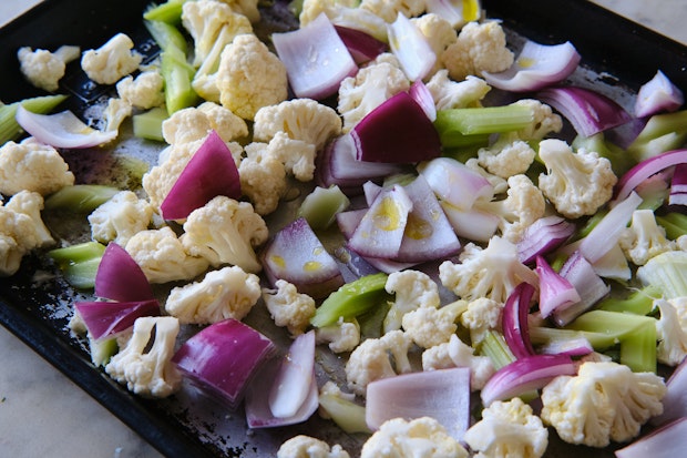 caponata vegetables on a baking sheet before roasting