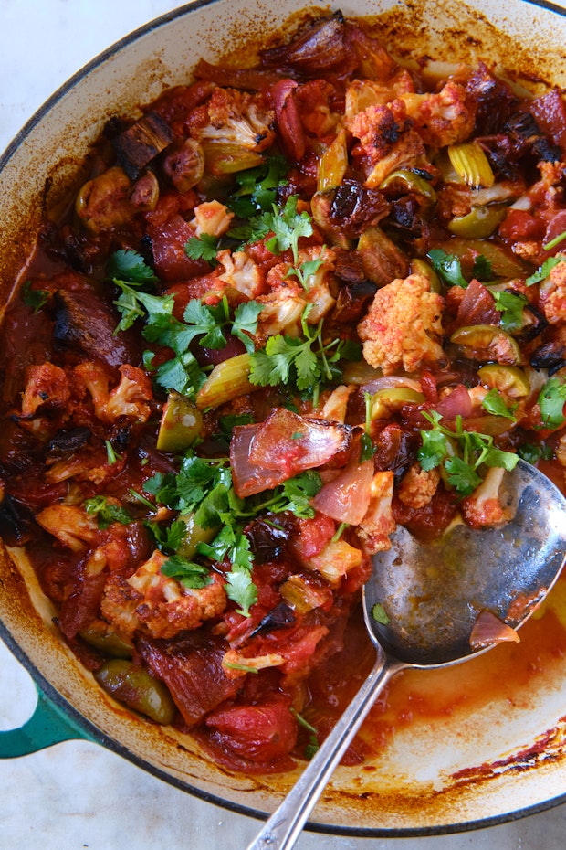 cauliflower caponata in a serving dish