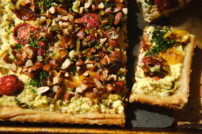 Cherry Tomato Tart with Burnt Scallion Ricotta