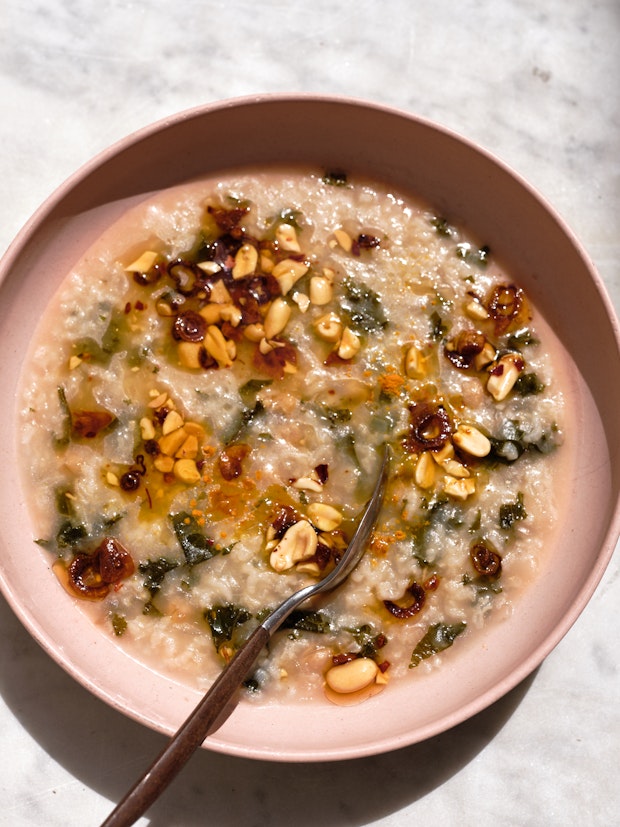 Chickpea & Rice Soup with Garlic Chile Oil