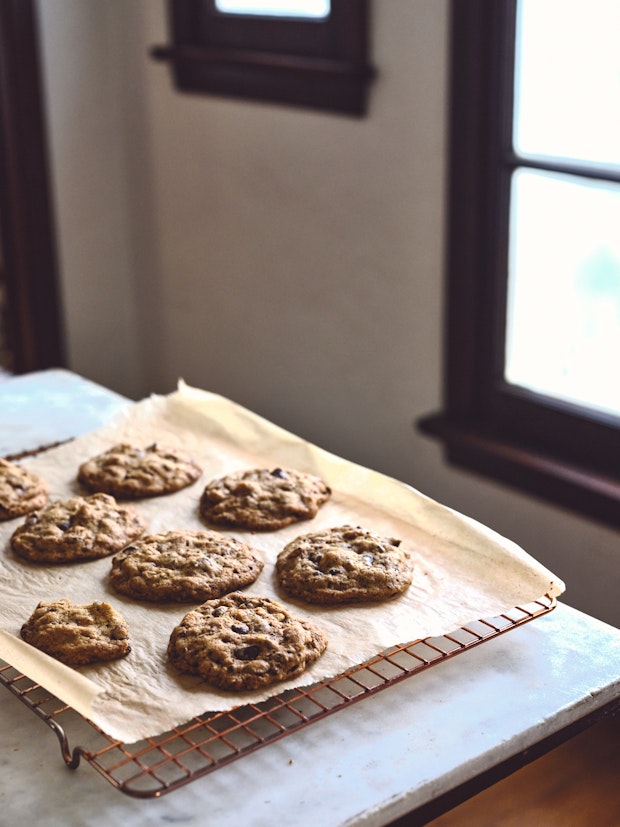 Great chocolate chip cookies cooling after baking”   border=