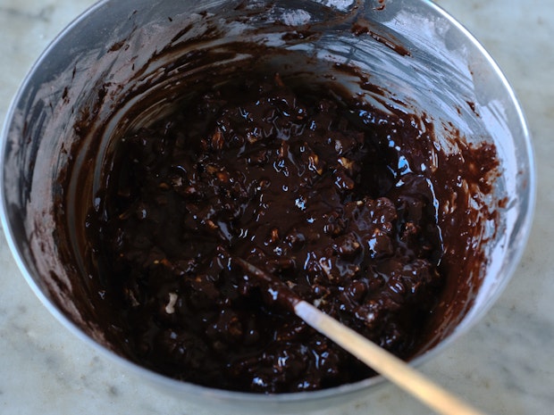 chocolate cookie batter in a mixing bowl