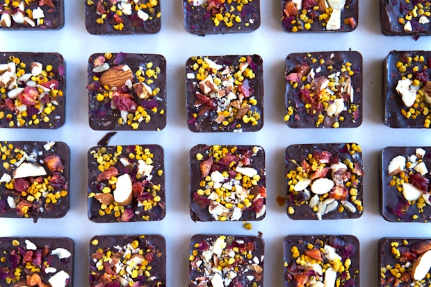 chocolate energy bites topped with all sorts of pretty, delicious ingredients