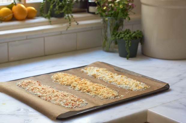 citrus salts drying on baking sheet