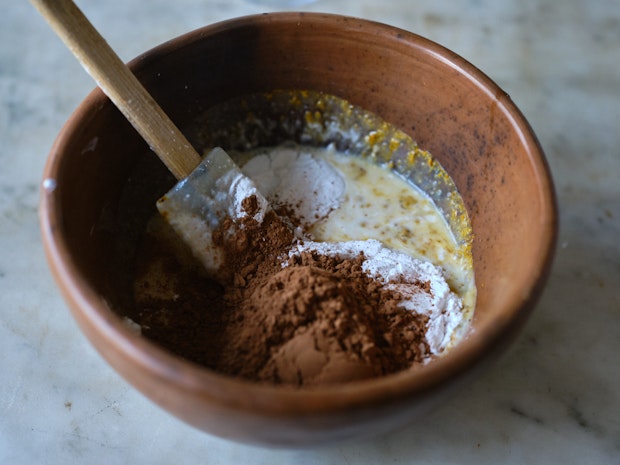 ingredients for chocolate pudding in a bowl