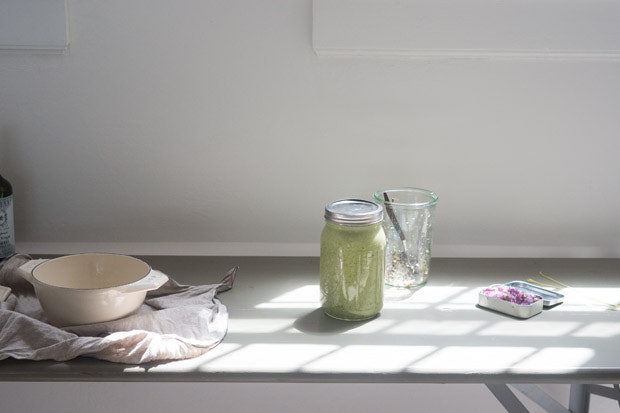 Broccoli Soup with Coconut Milk in a Mason Jar on a table