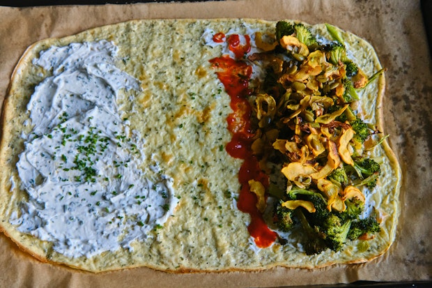 Cottage cheese wrap with fillings before rolling up