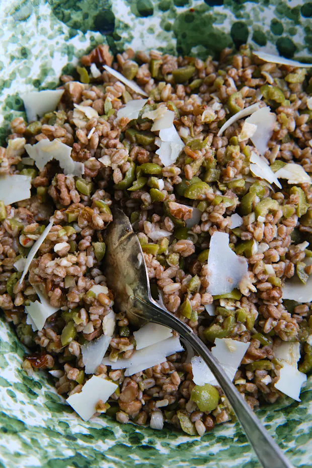 Farro Salad with Olives and Pecorino in a large serving bowl