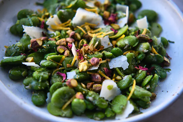 Fava beans with mint, pistachio, and lemon in a bowl