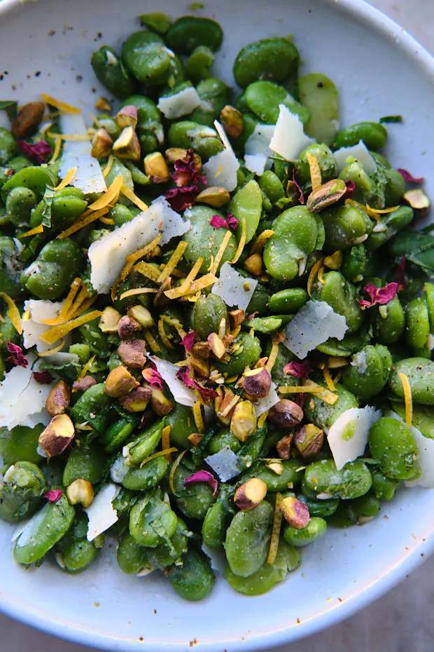 Fava beans with mint, pistachio, and lemon in a bowl