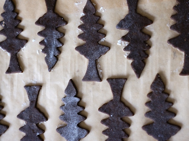 Two Rows of Gingerbread Cookie Dough Arranged on a Sheetpan