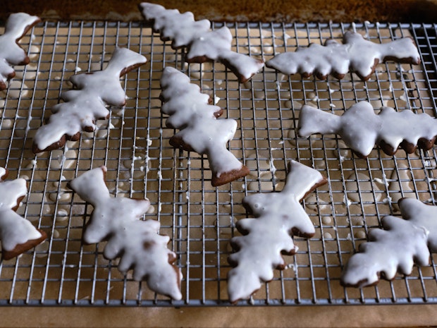 Close-ups of Iced Gingerbread Cookies Christmas Trees