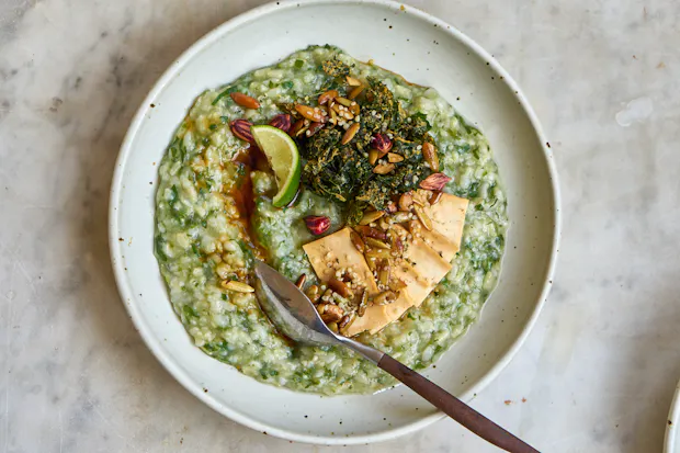 Bowl of Green Rice Porridge as part of Healthy Breakfast Idea List
