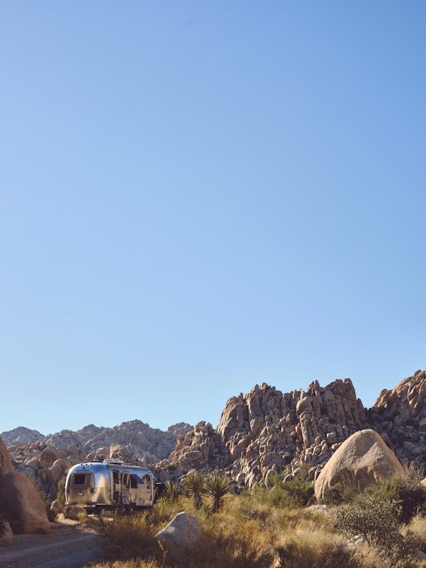 Airstream in Joshua Tree California before Grilling Veggie Kebabs