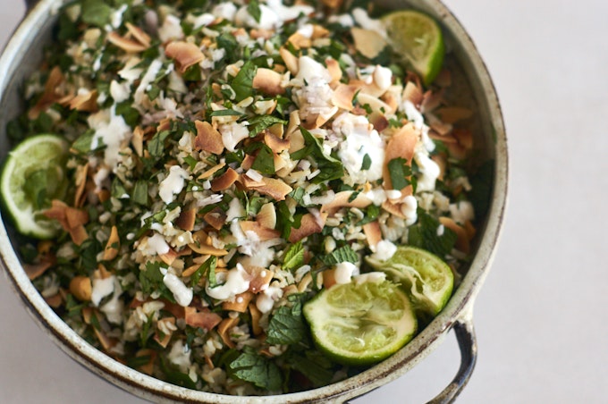 Herb-filled Rice Salad with Toasted Coconut & Peanuts
