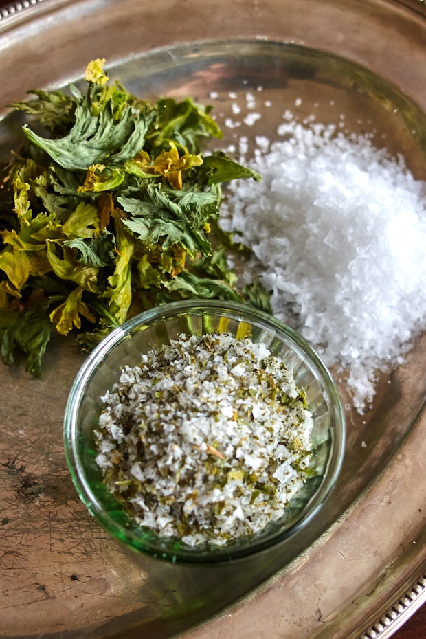 Celery salt in a glass jar as a homemade food gift