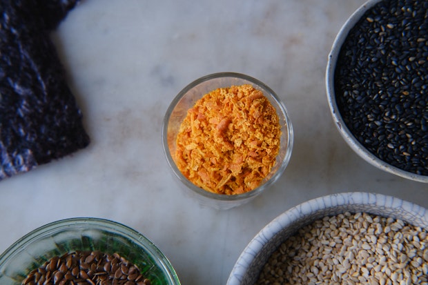 dried citrus peel arranged with other ingredients to be combined into furikake