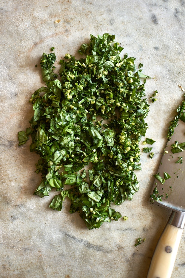 A lot of Chopped Basil is the First Step to Pesto