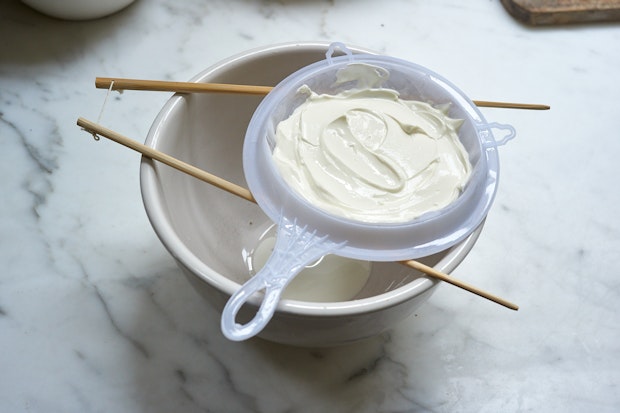 yogurt stuff strained into a trencher to make labneh