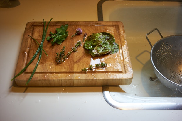 ingredients on wood cutting board near kitchen sink