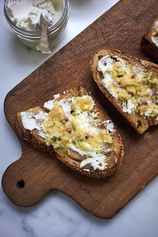 lemon chutney smeared on sourdough toast on a kitchen counter