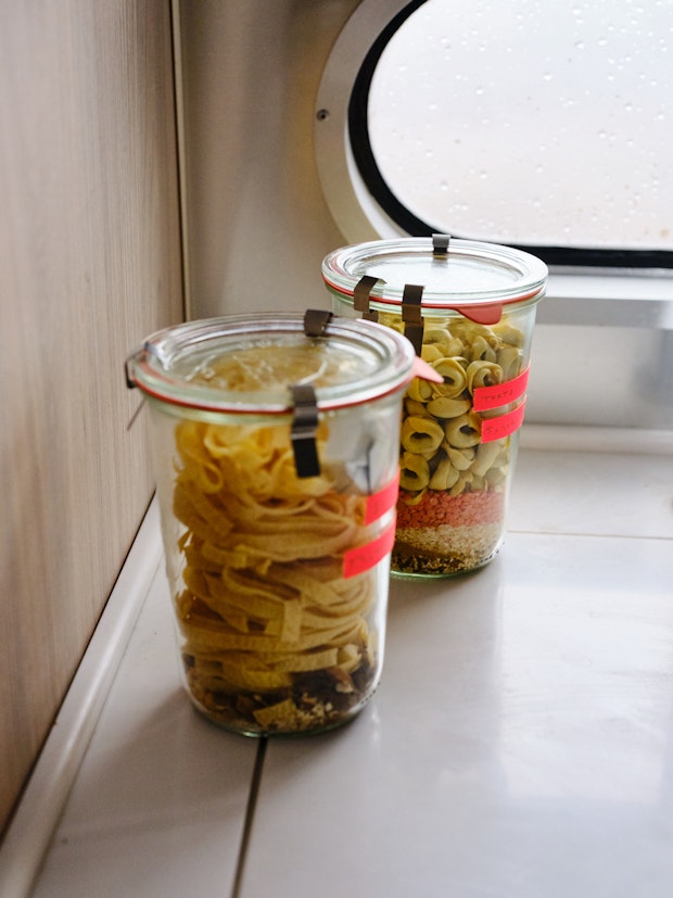 Meal In A Jar Tortellini Soup in Weck Jars on Countertop