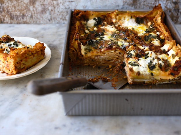 Mushroom lasagna in a baking dish