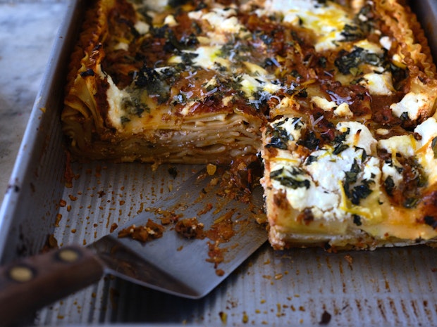 A mushroom lasagna after baking