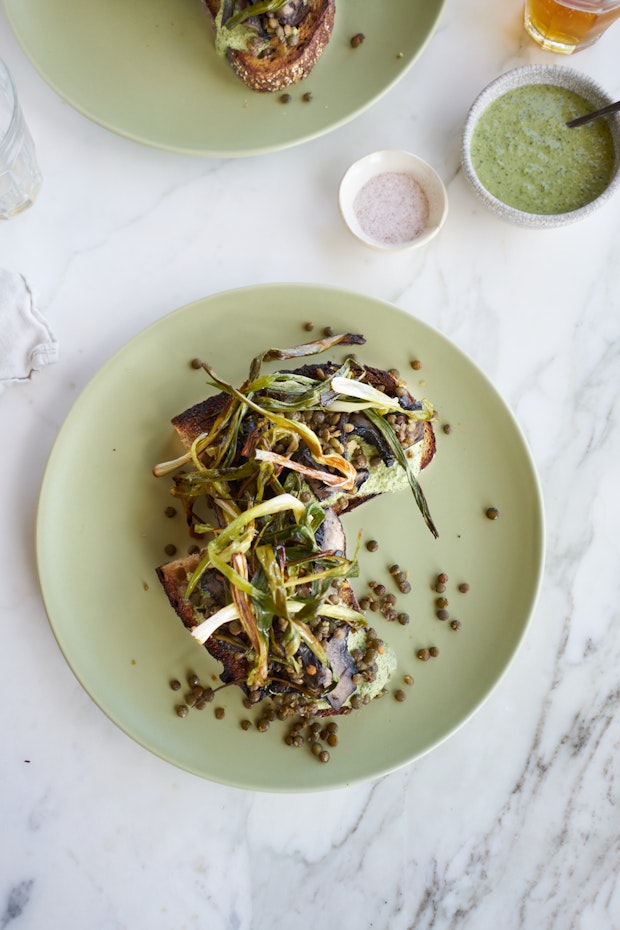 Mushroom Scallion Tartine with Poblano Yogurt