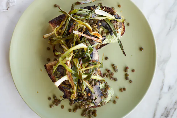 Mushroom Scallion Tartine with Poblano Yogurt