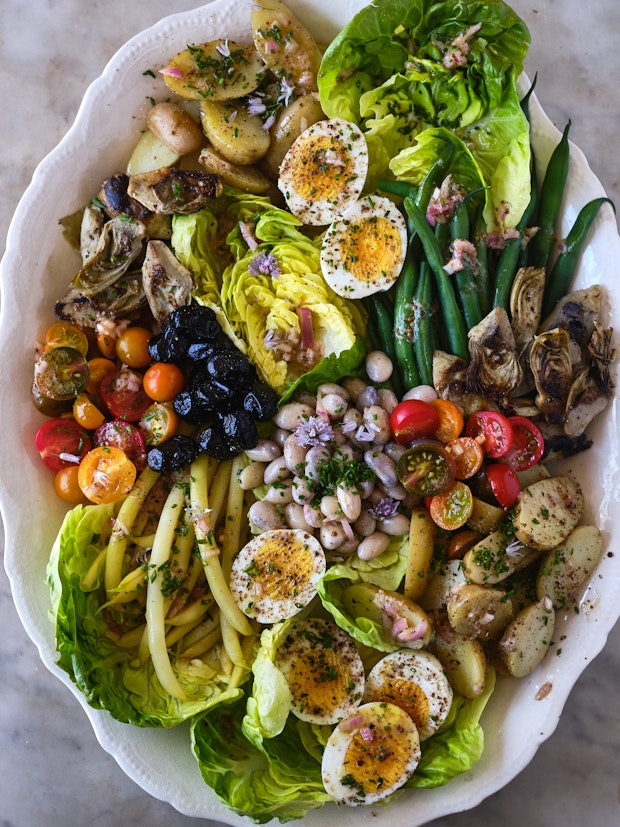 Nicoise salad on a large serving platter