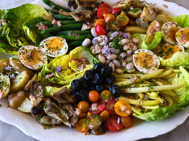 Nicoise salad on a large serving platter