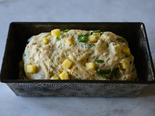 Oatmeal Bread Dough in Metal Loaf Pan