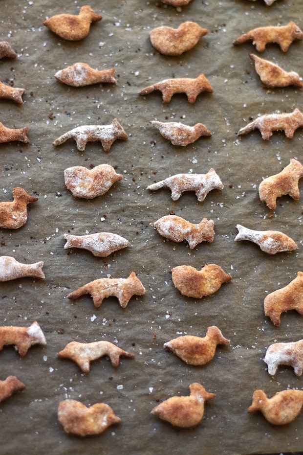 oatmeal crackers arranged on a baking sheet