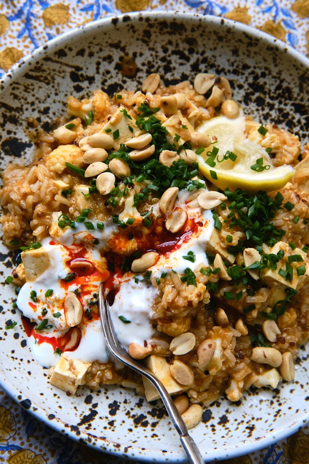Indian-spiced Rice with Cauliflower and Tofu in a bowl