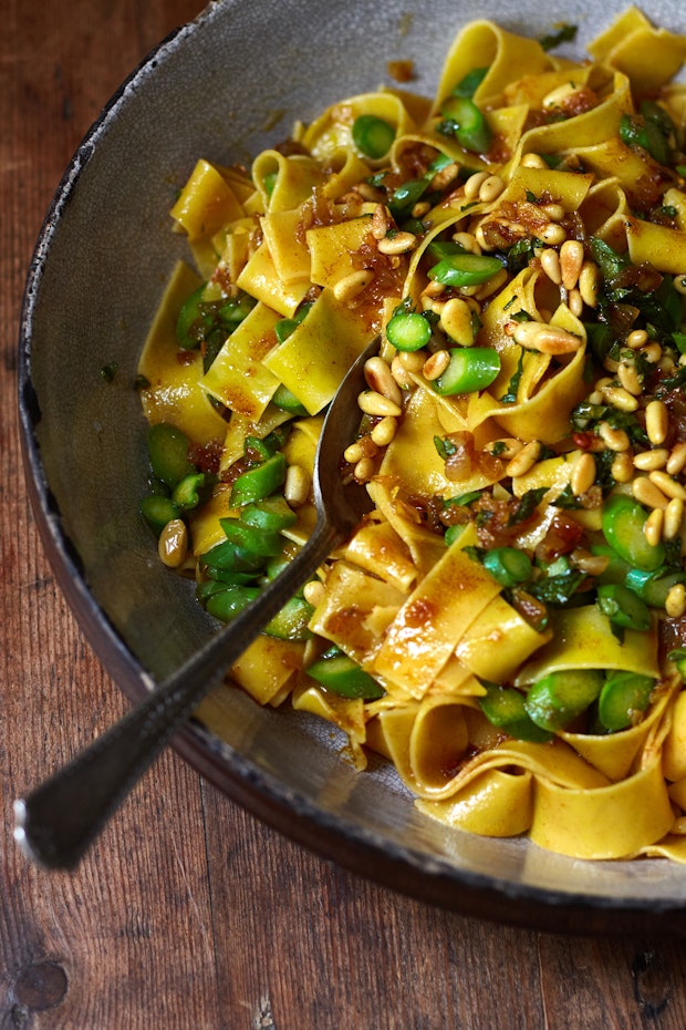 pappardelle with spiced butter in a serving bowl