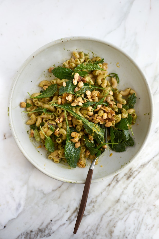 Pasta with Baby Kale, Toasted Pumpkin Seeds, and Pesto