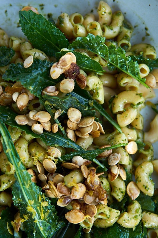 Pasta with Baby Kale, Toasted Pumpkin Seeds, and Pesto