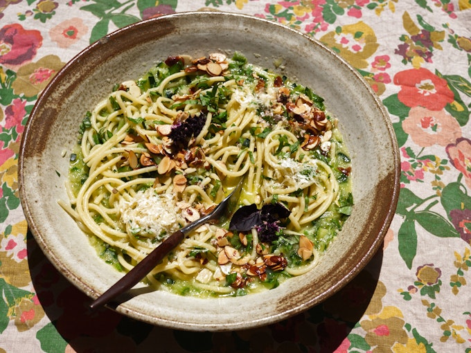 Pasta with Smashed Zucchini Cream in a Wide Bowl