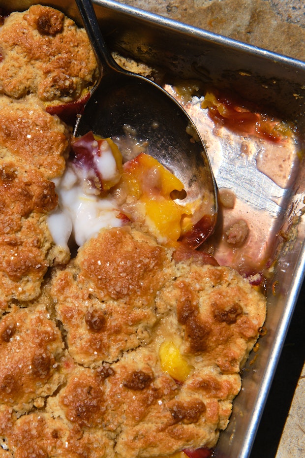Peach cobbler in a baking pan