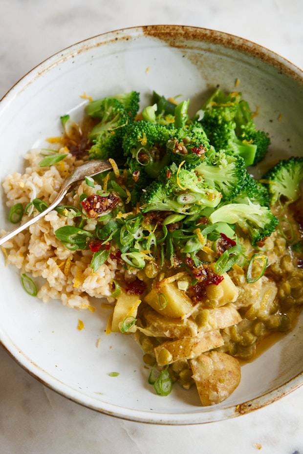 Potato chowder with miso broth in a bowl