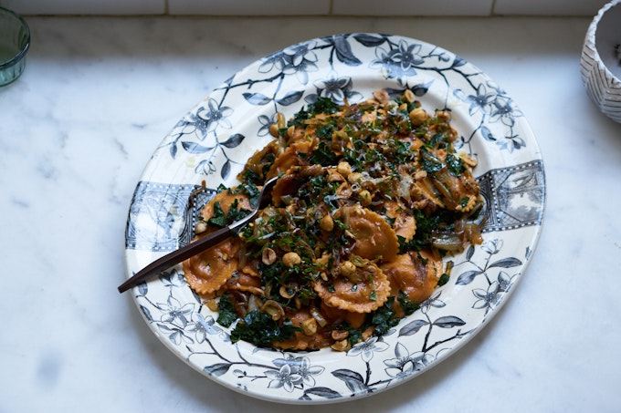 Hazelnut chard ravioli salad