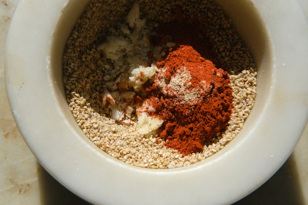 Ingredients for red gomashio in a bowl waiting to be blended