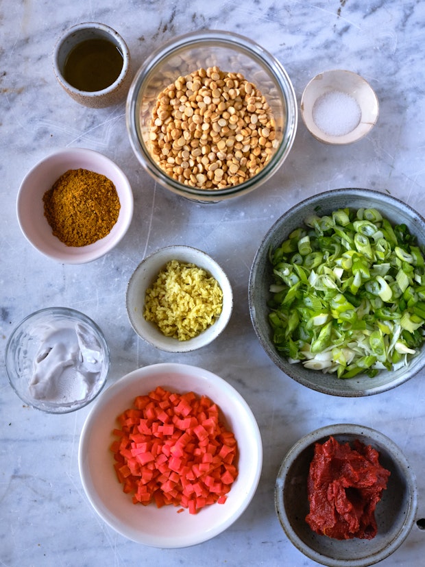 Ingredients for Soup on a Marble Counter