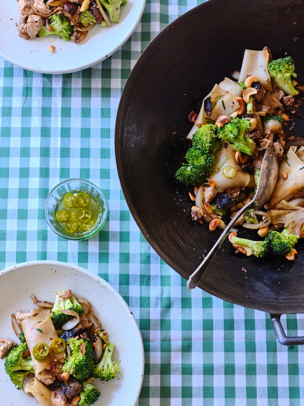 A Fave Rice Noodle Stir Fry with Whatever Green Veg you Have on Hand