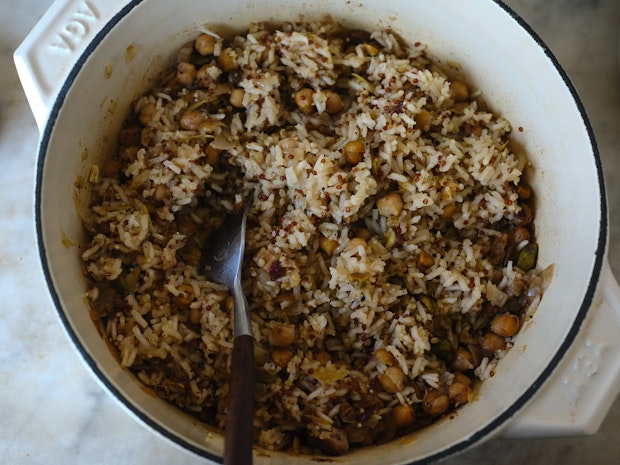 rice pilaf in a pot before serving