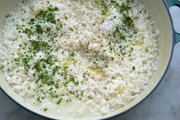 Risotto in a wide saucepan