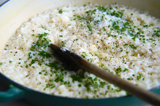 Risotto in a wide saucepan