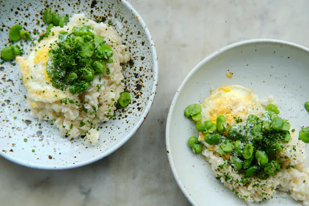 risotto variation served topped with fava beans and a poached egg