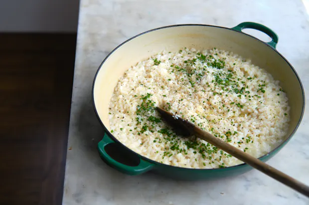 finished risotto in a pan on counter
